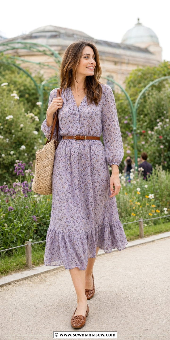 Floral Midi Dress with Woven Flats - 35 Parisian travel outfits