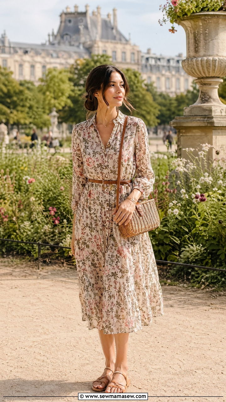 Floral Midi Dress with Woven Sandals and Belt - 35 Spring Paris outfit ideas