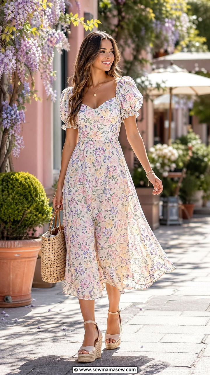 Floral Midi Dress with Woven Tote and Wedges - 35 spring vacation chic outfit ideas