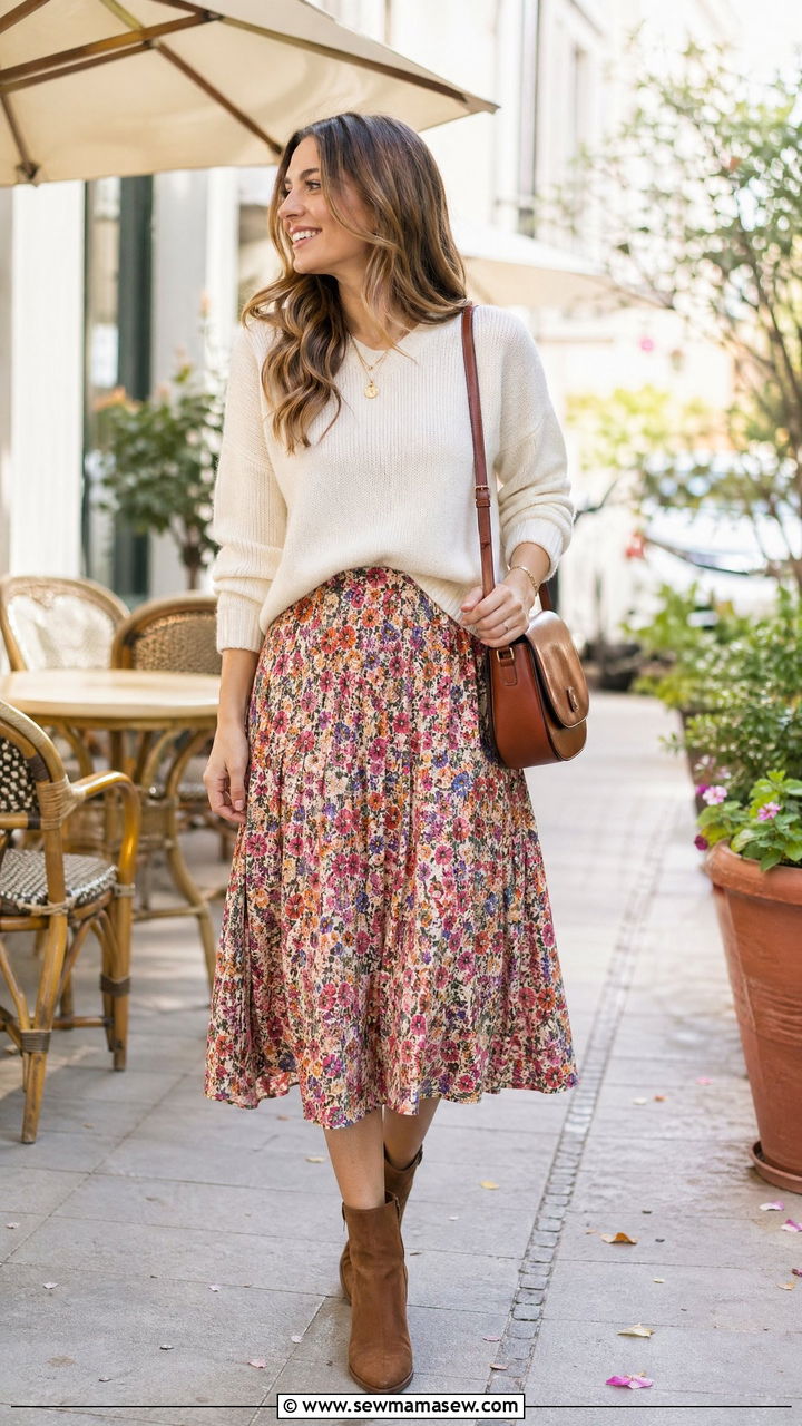 Floral Midi Skirt With Knit Sweater - 35 Spring floral print outfits