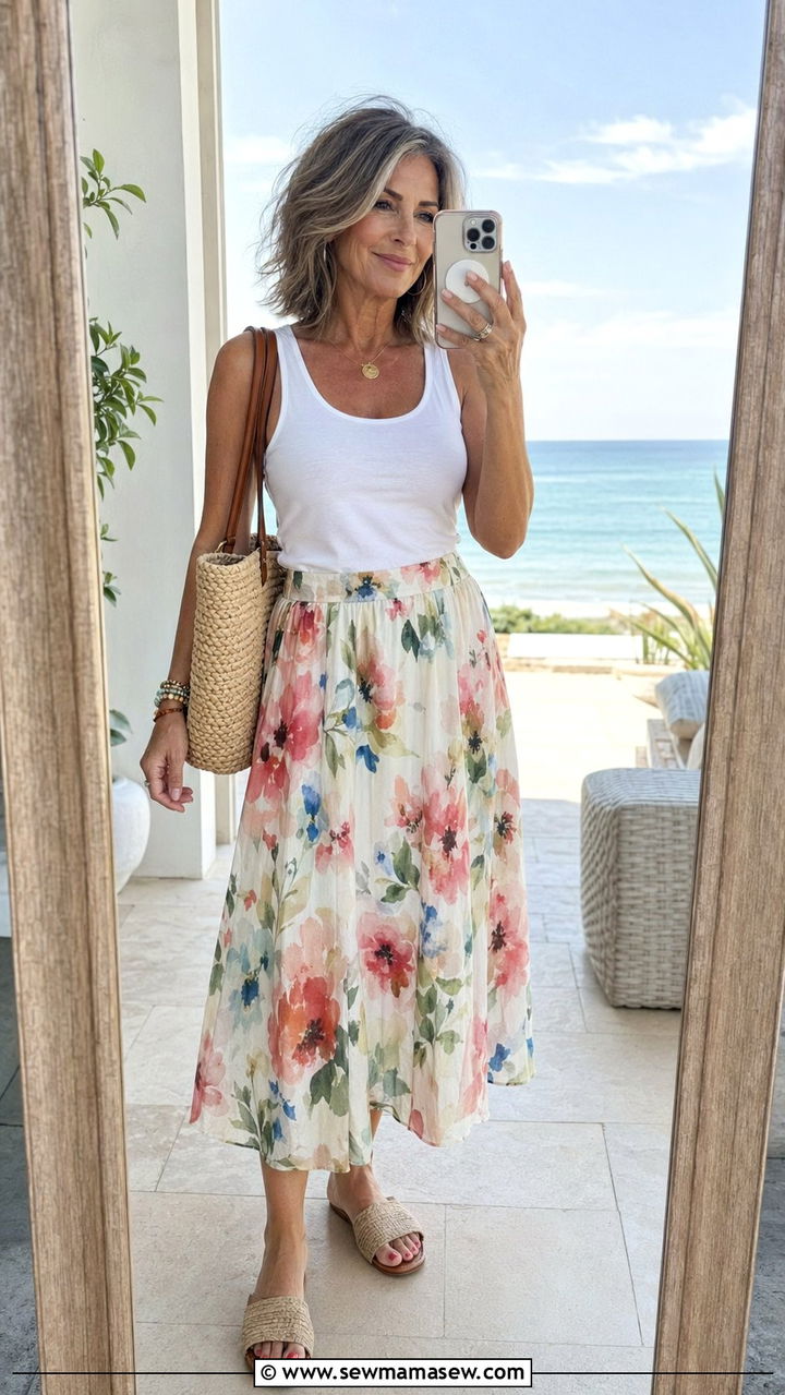 Floral Midi Skirt With Slide Sandals - 30 Best skirts for women over 50