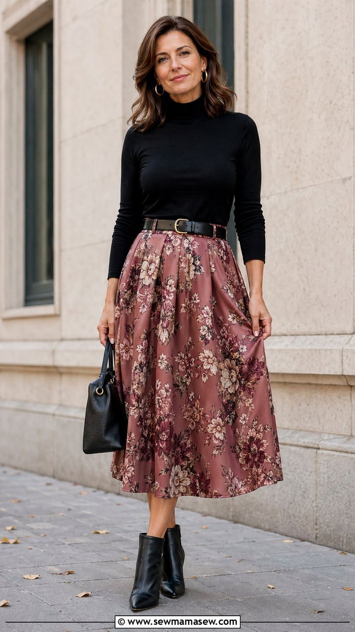 Floral Midi Skirt With a Black Turtleneck - 30 Best skirts for women over 40