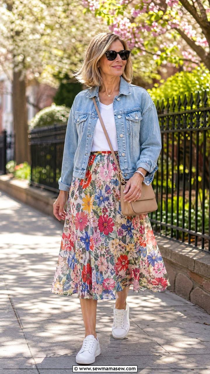 Floral Midi Skirt with Denim Jacket Travel Outfit - 35 Travel outfits for women over 40