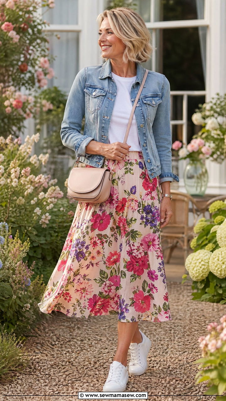 Floral Midi Skirt with Denim Jacket Weekend Outfit - 35 Weekend outfit ideas for women over 40