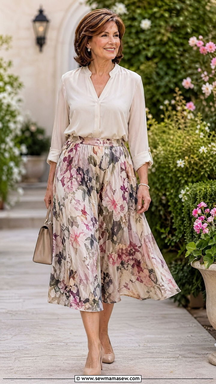 Floral Midi Skirt with Soft Neutral Blouse - 35 Spring outfits for women over 50
