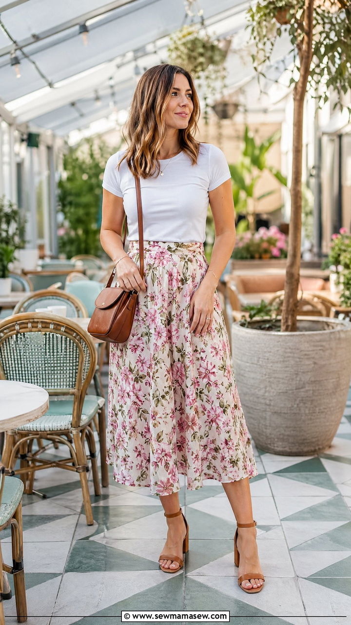 Floral Midi Skirt with Tucked Tee Outfit - 35 Spring mom outfit ideas