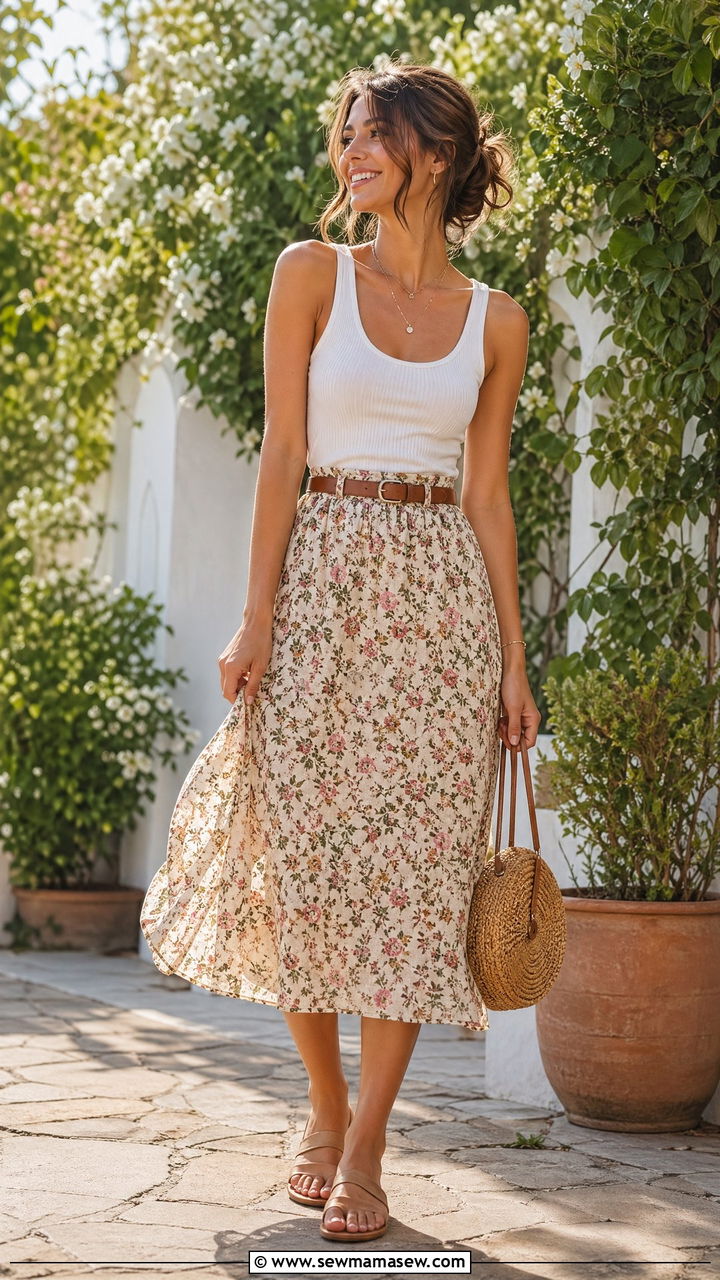 Floral Midi Skirt with White Tank and Flat Sandals - 35 summer comfortable outfit ideas