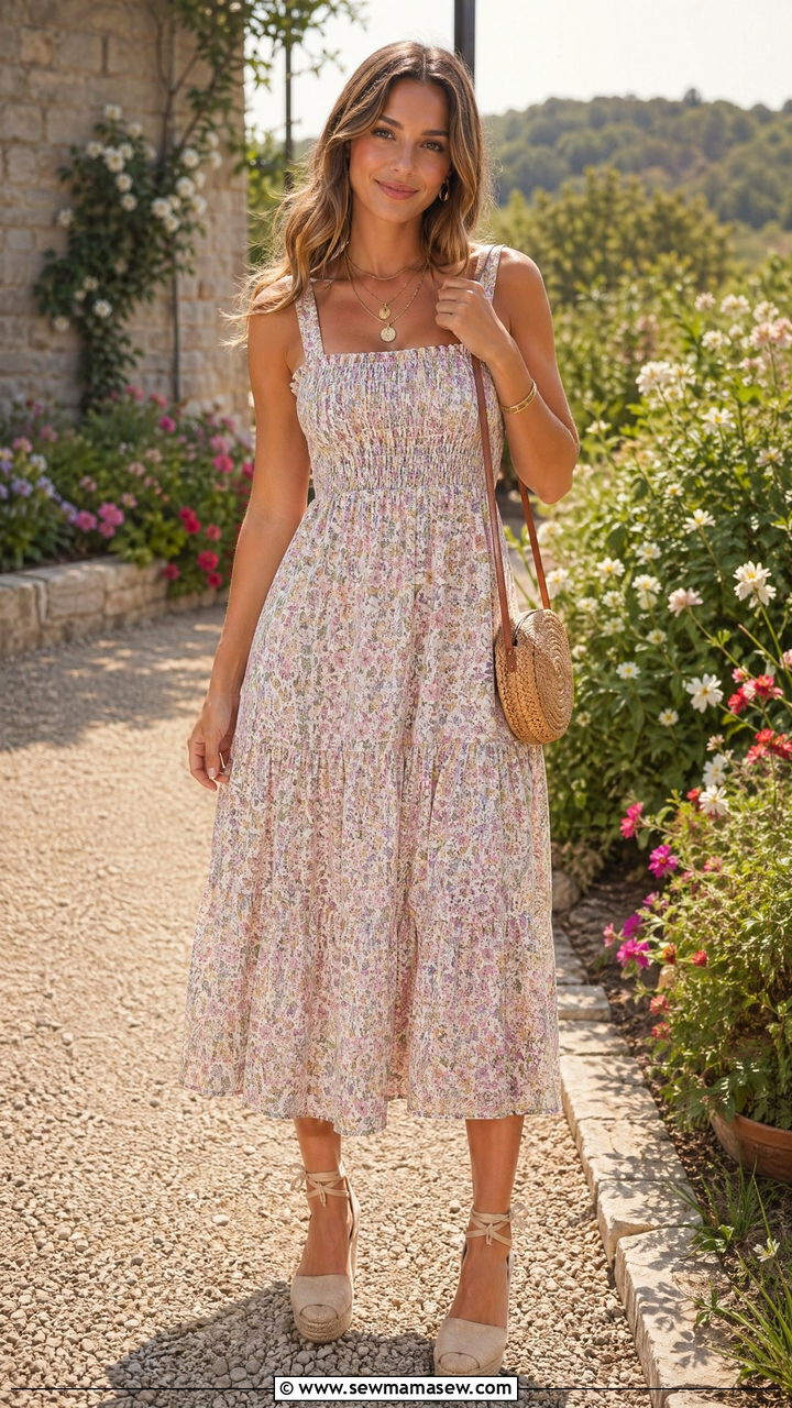 Floral Midi Sundress With Espadrilles - 35 Sundress outfit ideas for summer
