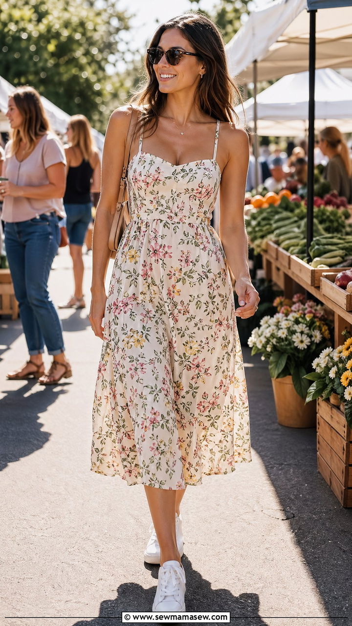 Floral Midi Sundress With White Sneakers Outfit - 35 Sunday brunch outfit ideas
