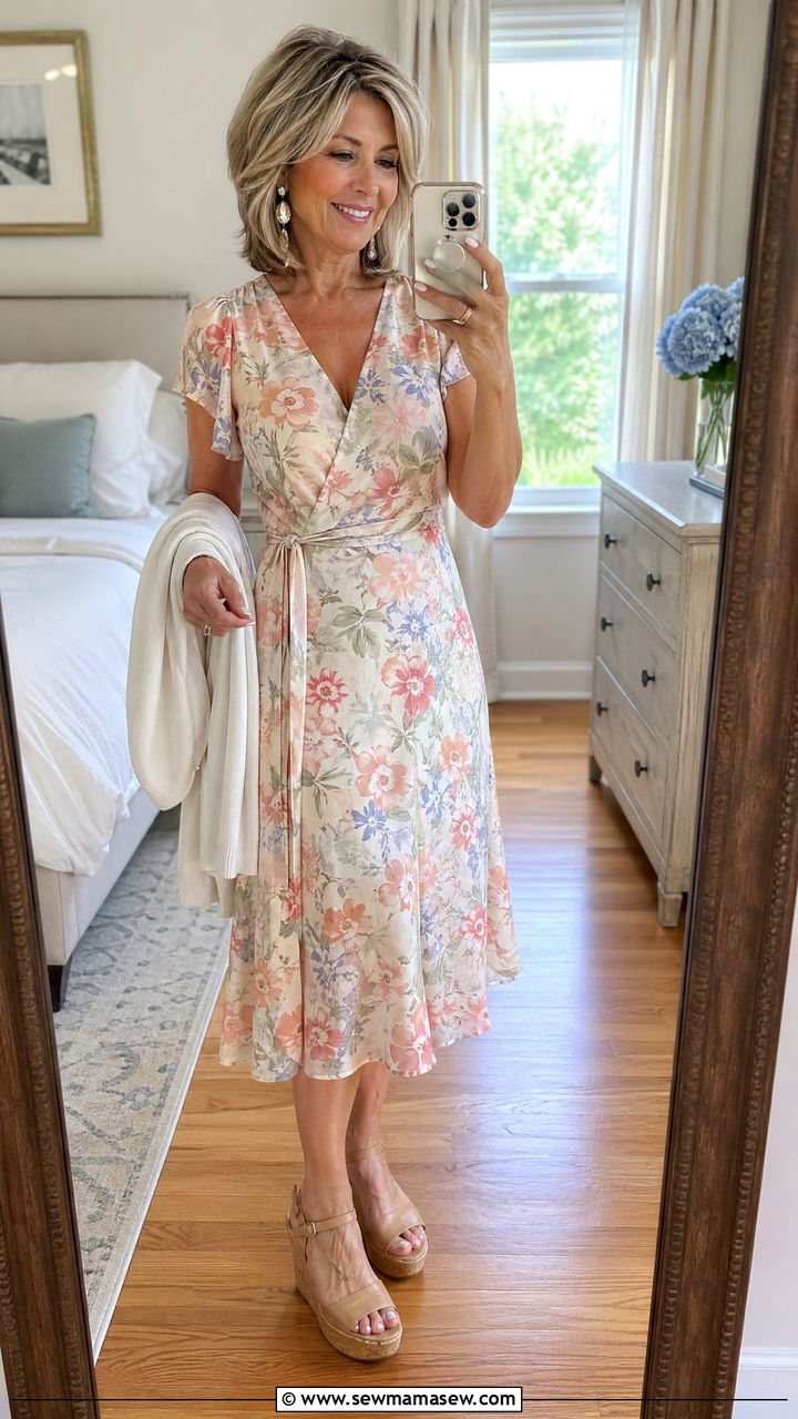 Floral Midi Wrap Dress with Wedge Sandals - 35 summer outfit ideas for women over 50