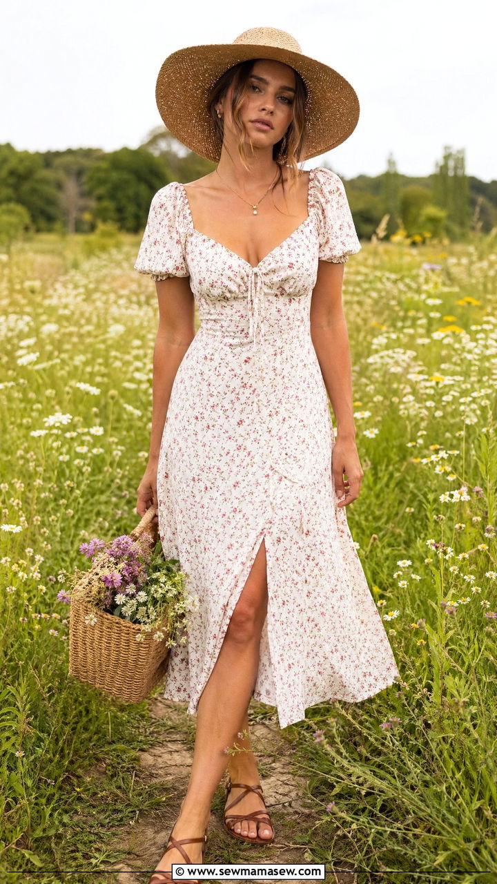 Floral Milkmaid Dress With Woven Sandals And Straw Hat - 35 Cottagecore outfit ideas