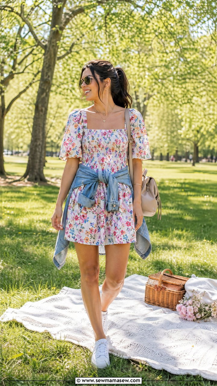 Floral Mini Dress With Sneakers - 35 Spring floral print outfits