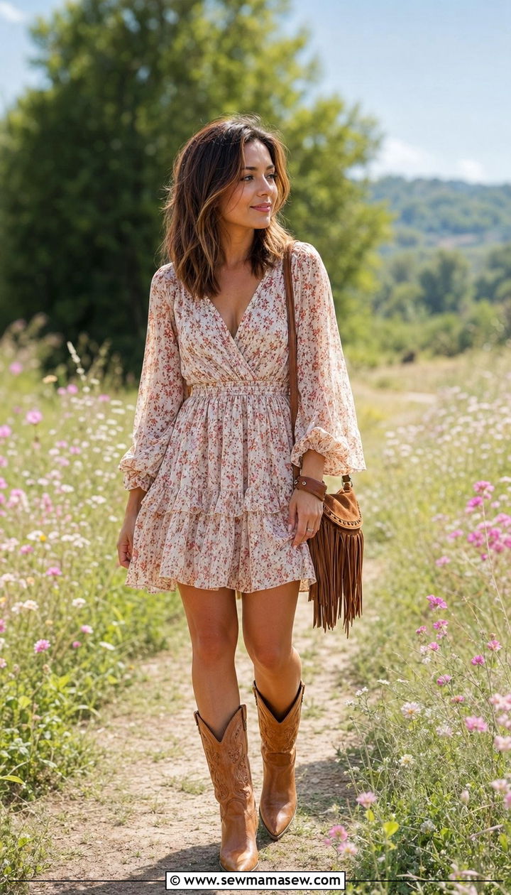 Floral Mini Dress with Cowboy Boots - 35 Outfit ideas for short women