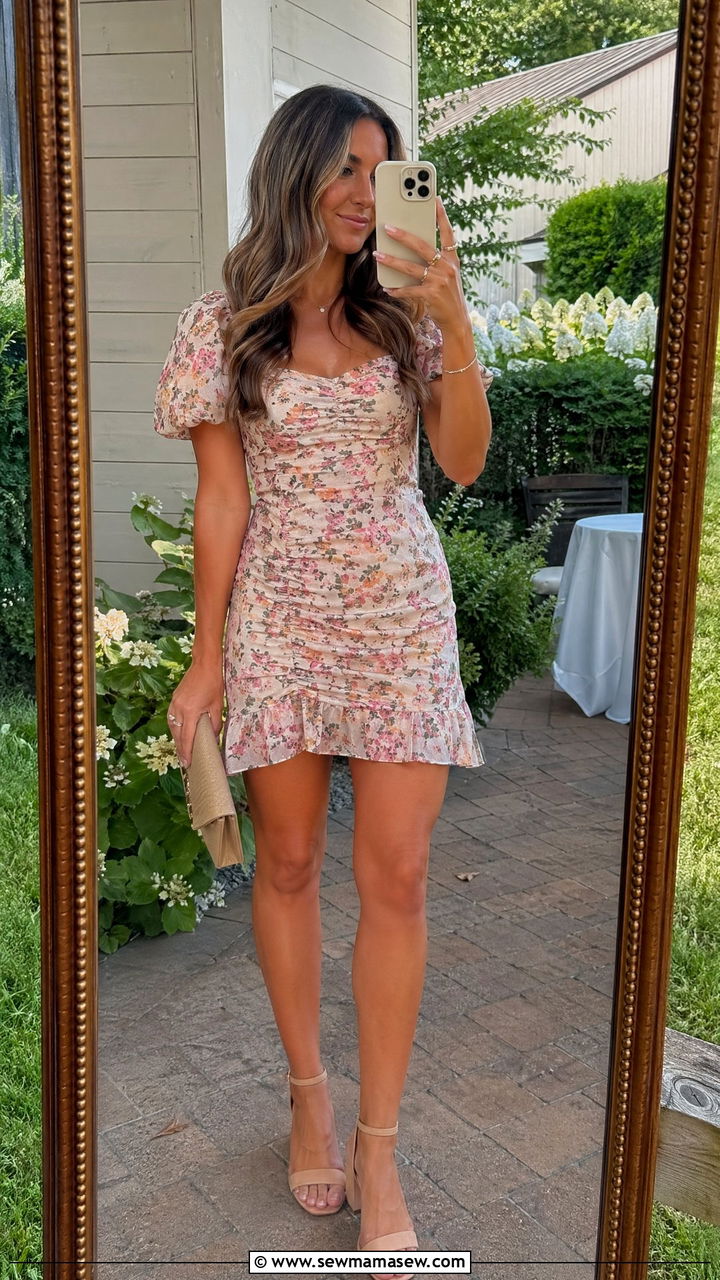 Floral Mini Dress with Ruched Details and Puff Sleeves - 35 cute summer wedding guest outfits