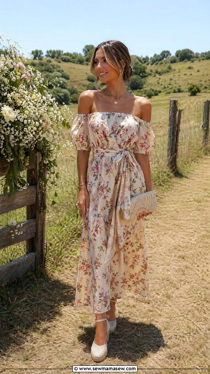 Floral Off Shoulder Dress with Tie Waist Wedding Guest - 35 cute summer wedding guest outfits