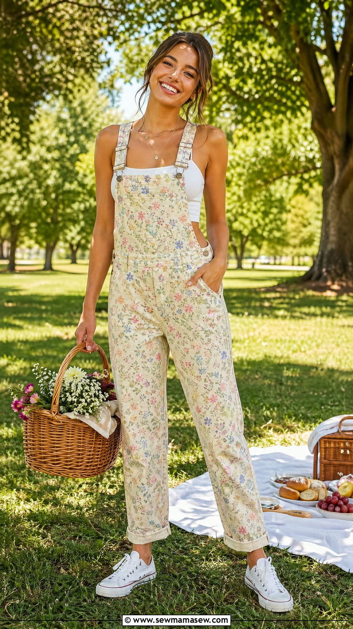 Floral Overalls Over a Cropped Tank - 35 summer soft girl outfit ideas