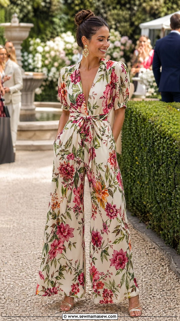 Floral Palazzo Jumpsuit with Strappy Heels - 35 Spring garden party outfit ideas