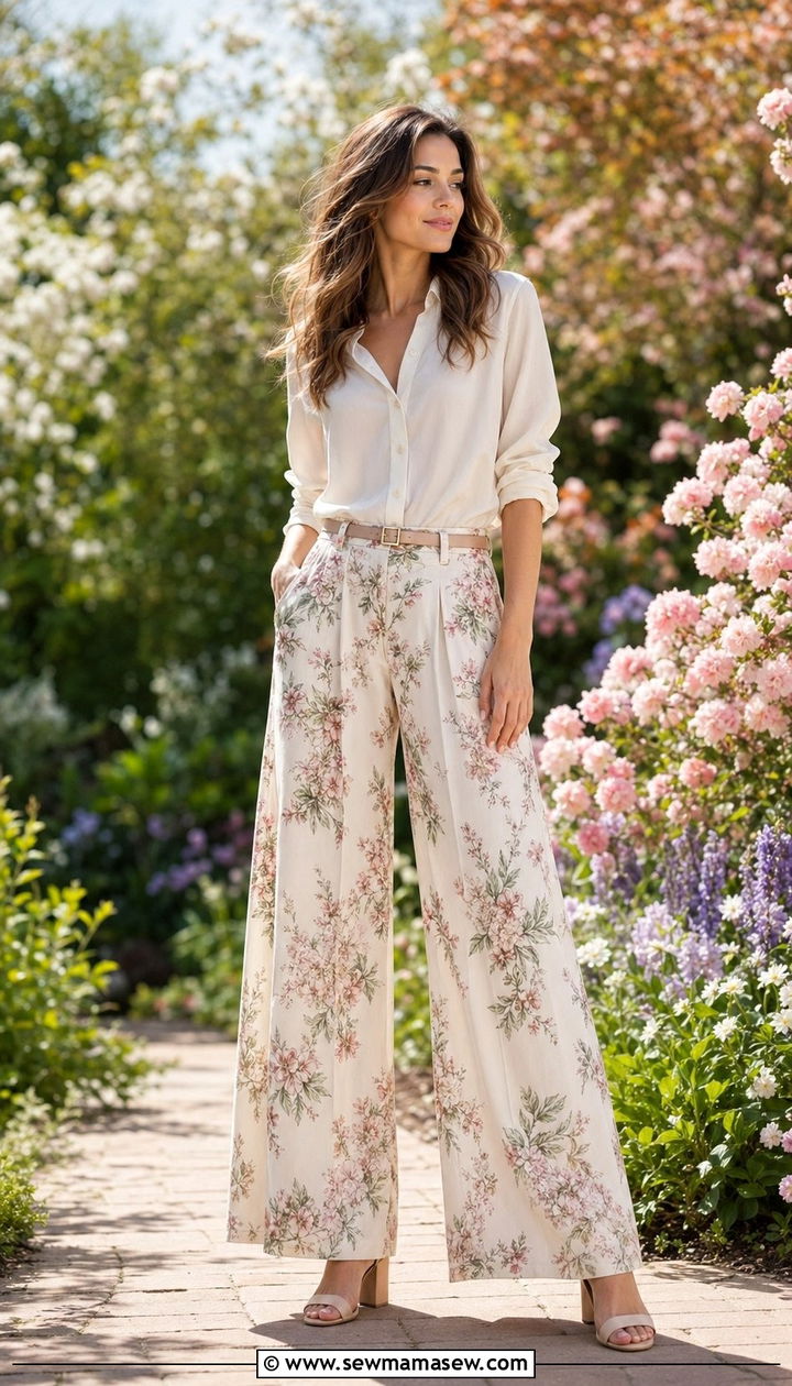 Floral Palazzo Pants With Off White Blouse - 35 palazzo pants outfit ideas for women