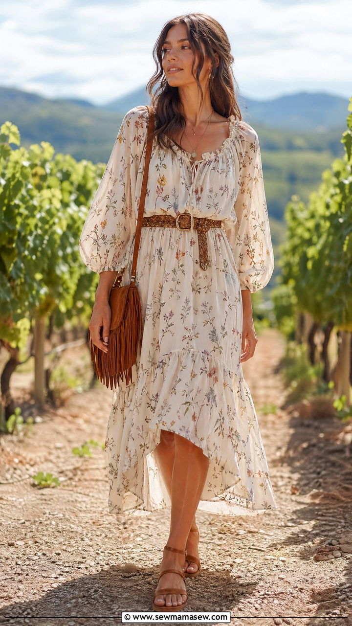 Floral Peasant Dress With Sandals - 35 summer floral outfit ideas