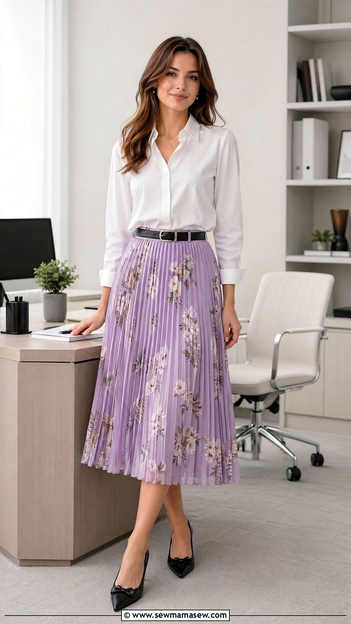Floral Pleated Skirt With White Blouse - 35 summer floral outfit ideas