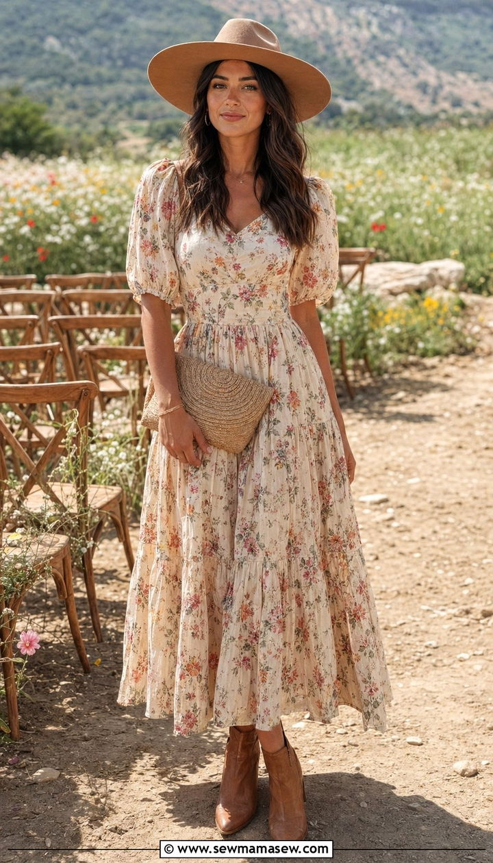 Floral Prairie Dress With Wide Brim Hat Western Wedding - 30 Western outfit ideas for wedding
