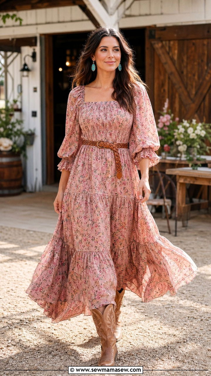 Floral Prairie Maxi Dress with Cowboy Boots - 30 what to wear to a baby shower