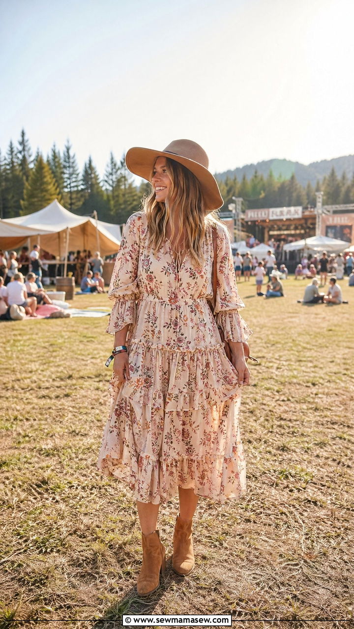 Floral Prairie Midi Dress with Suede Ankle Boots - 35 cute festival outfits