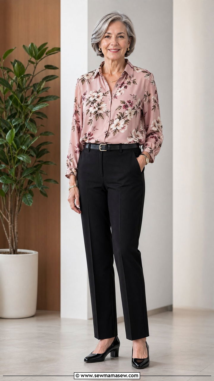 Floral Print Blouse With Black Trousers - 35 Spring outfits for women over 60