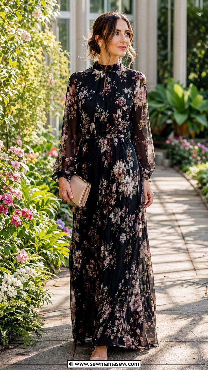 Floral Print Formal Maxi Dress With Block Heels - 30 Black tie event outfit ideas
