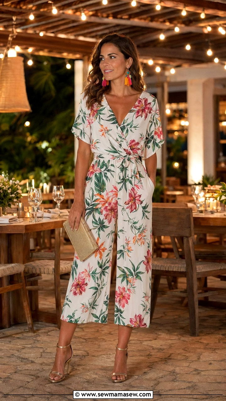 Floral Print Jumpsuit with Statement Earrings - 35 resort vacation outfit ideas for women