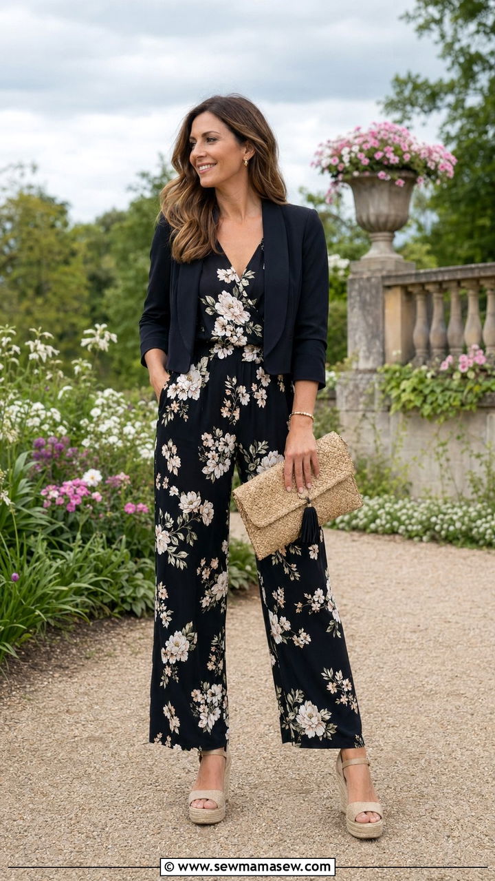 Floral Print Jumpsuit with Wedge Sandals - 30 Wedding guest outfits for rainy weather