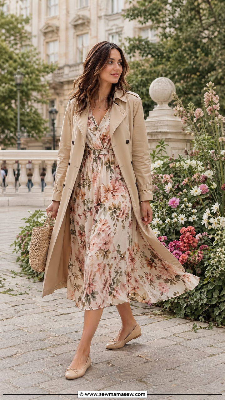 Floral Print Midi Dress With A Lightweight Trench And Ballet Flats - 35 Spring London outfit ideas