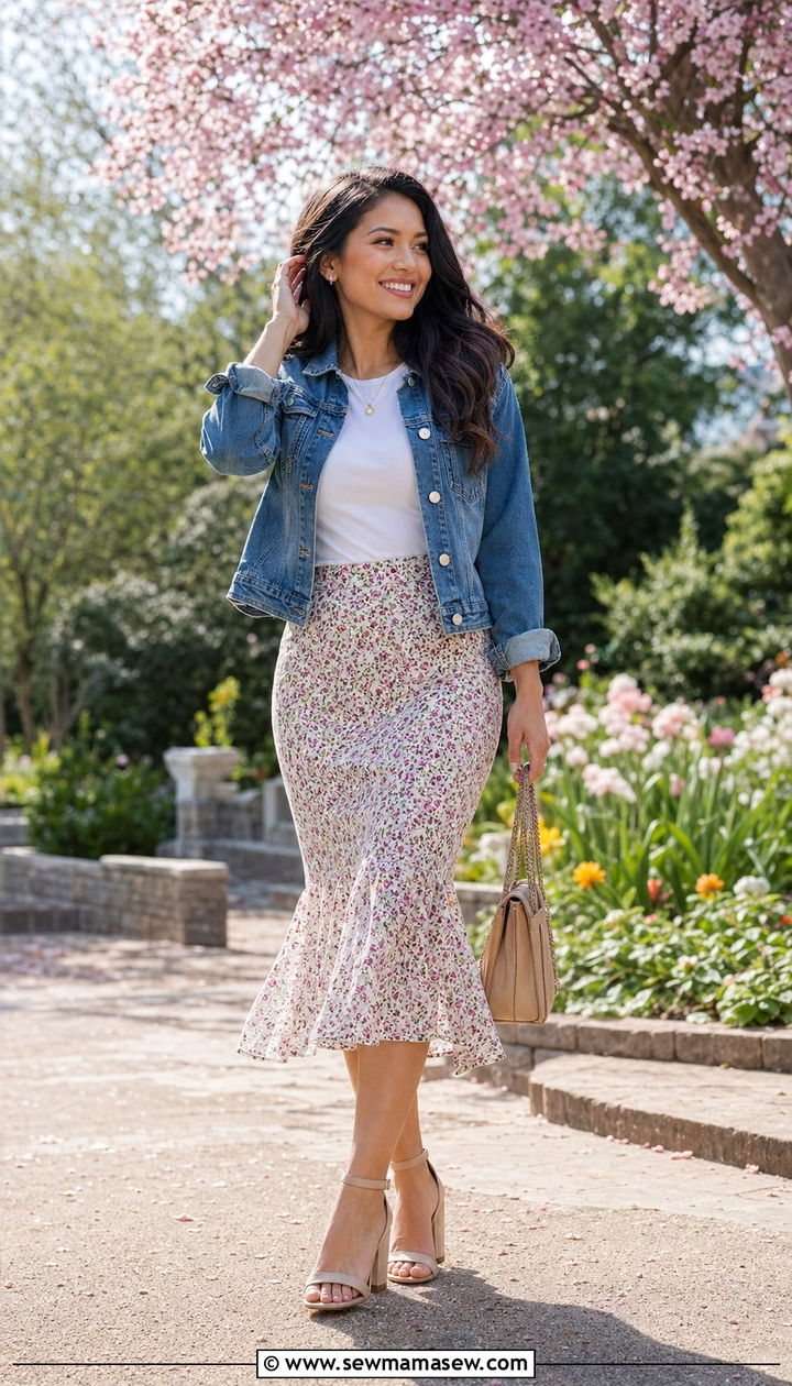 Floral Print Midi Skirt With Solid Tee - 30 Best skirts for petite women