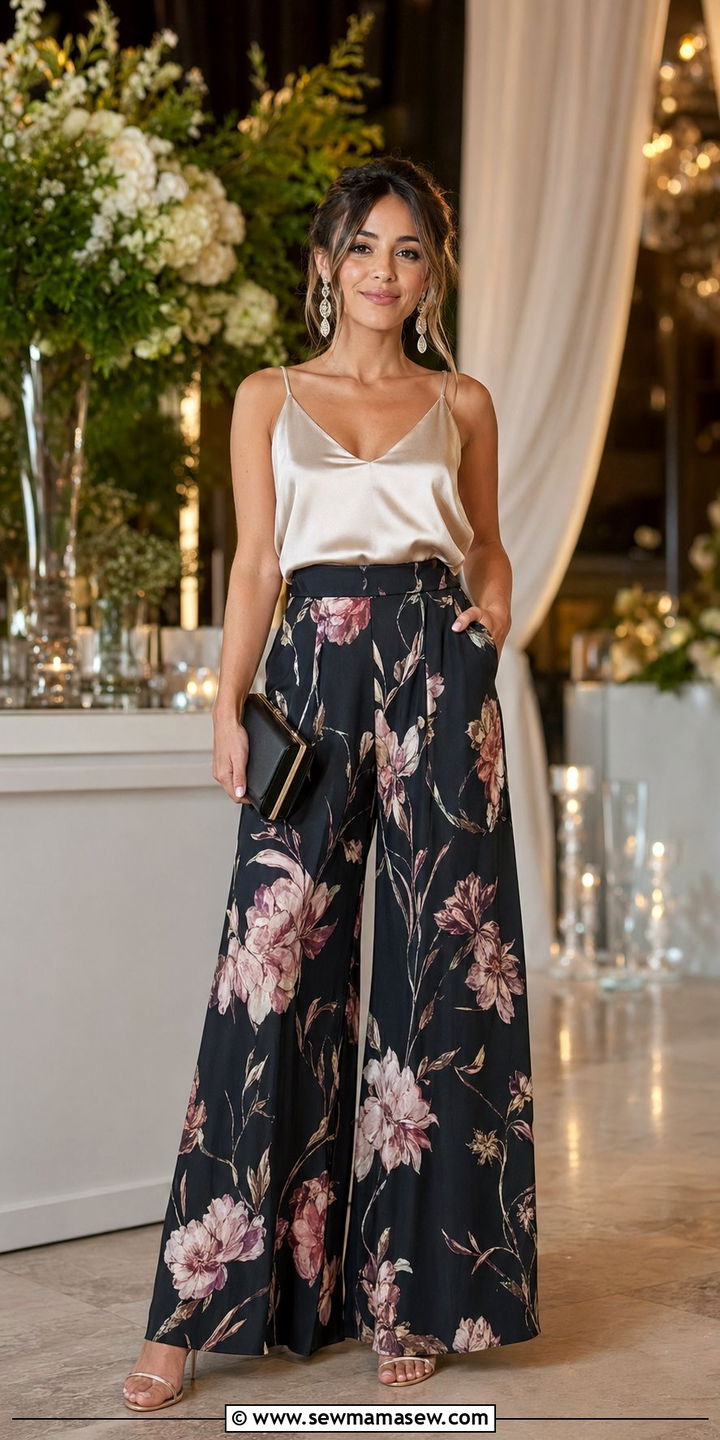 Floral Print Palazzo Pants With Silk Camisole - 35 Petite outfit ideas for wedding guest