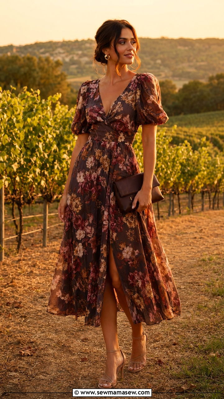 Floral Print Puff Sleeve Dress For Rustic Wedding - 35 Rustic wedding guest outfits