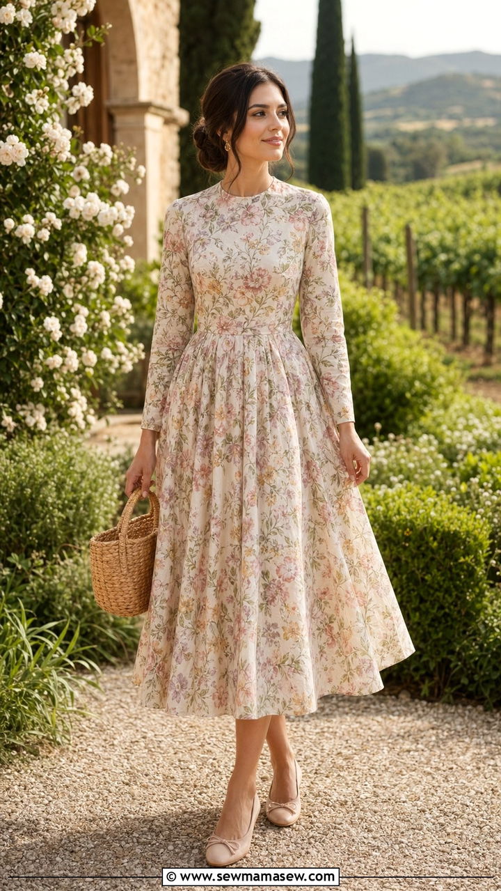 Floral Print Tea Length Dress With Ballet Flats - 35 Modest outfit ideas for wedding guest