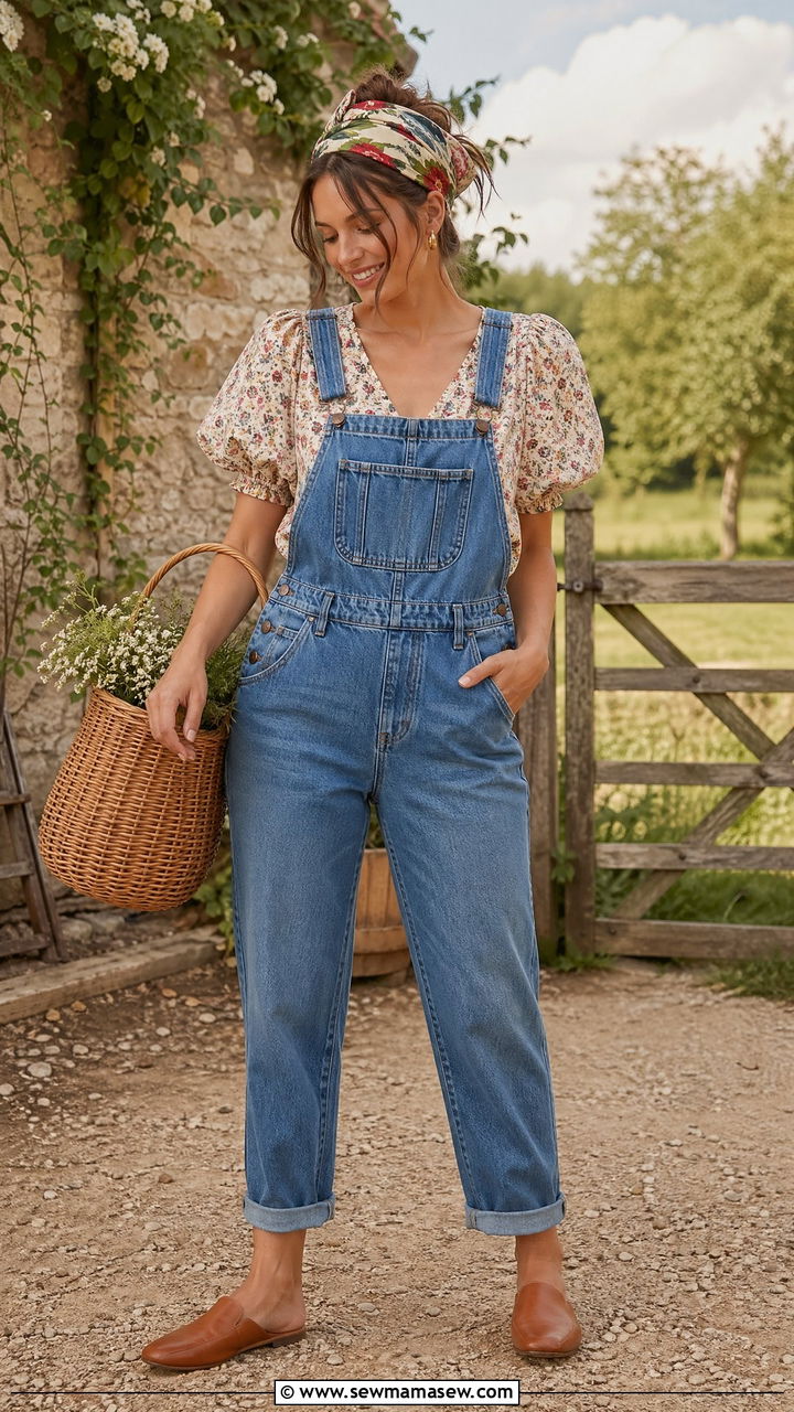 Floral Puff Sleeve Blouse With Denim Overalls - 35 Cottagecore outfit ideas
