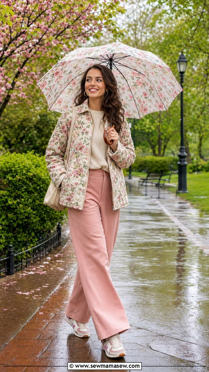 Floral Quilted Jacket With Wide Leg Trousers Outfit - 35 Rainy spring outfits