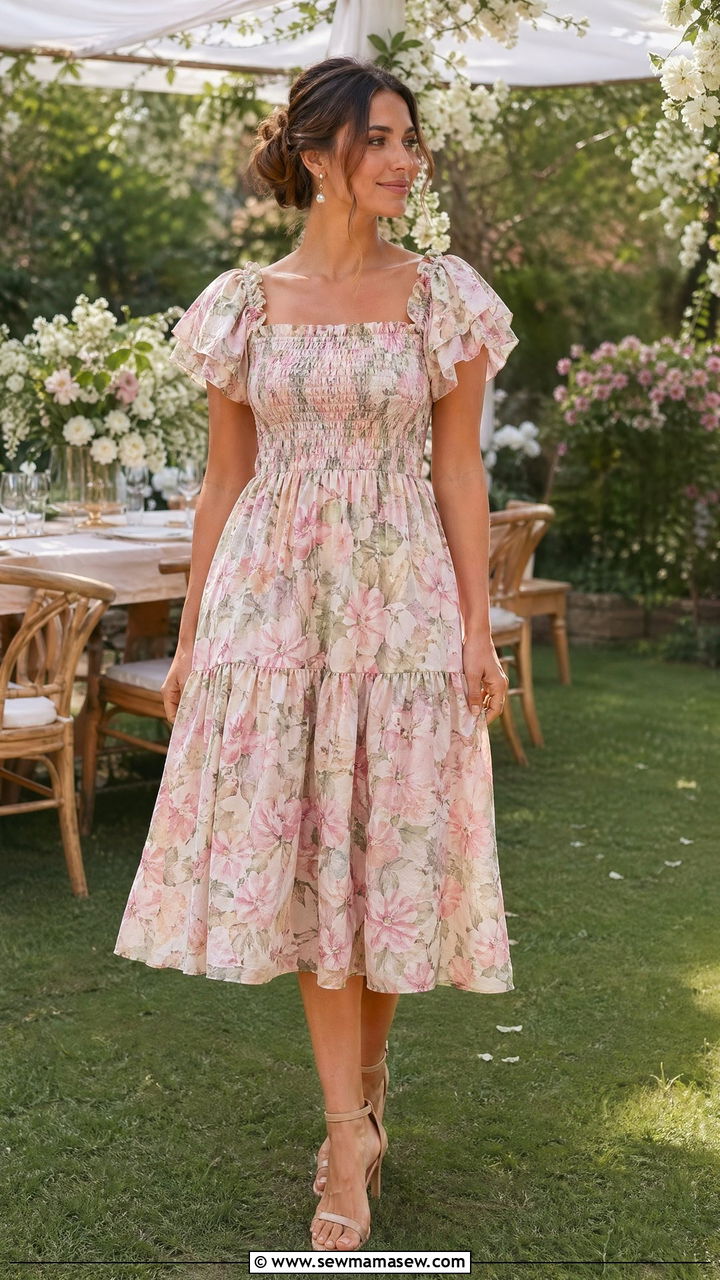 Floral Ruffle Sleeve Midi Dress for Baby Shower - 35 spring baby shower outfit ideas