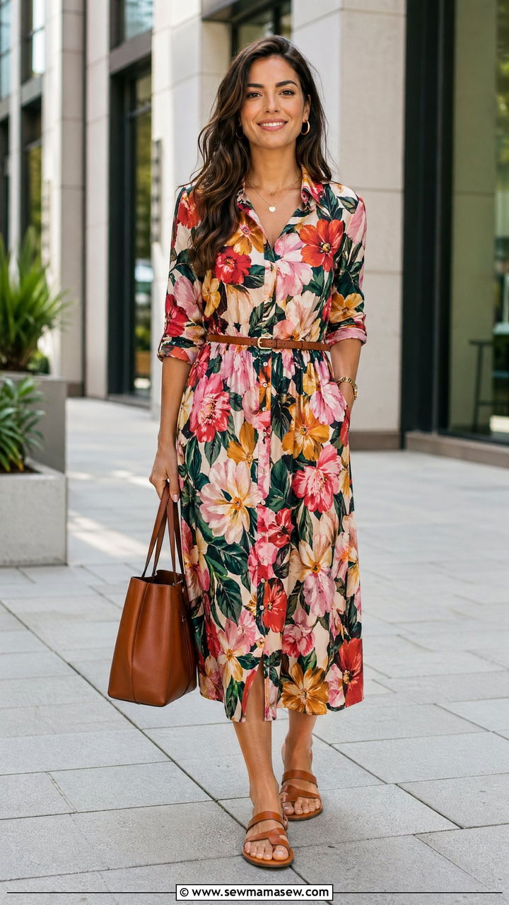 Floral Shirt Dress With Sandals - 35 spring floral outfit ideas