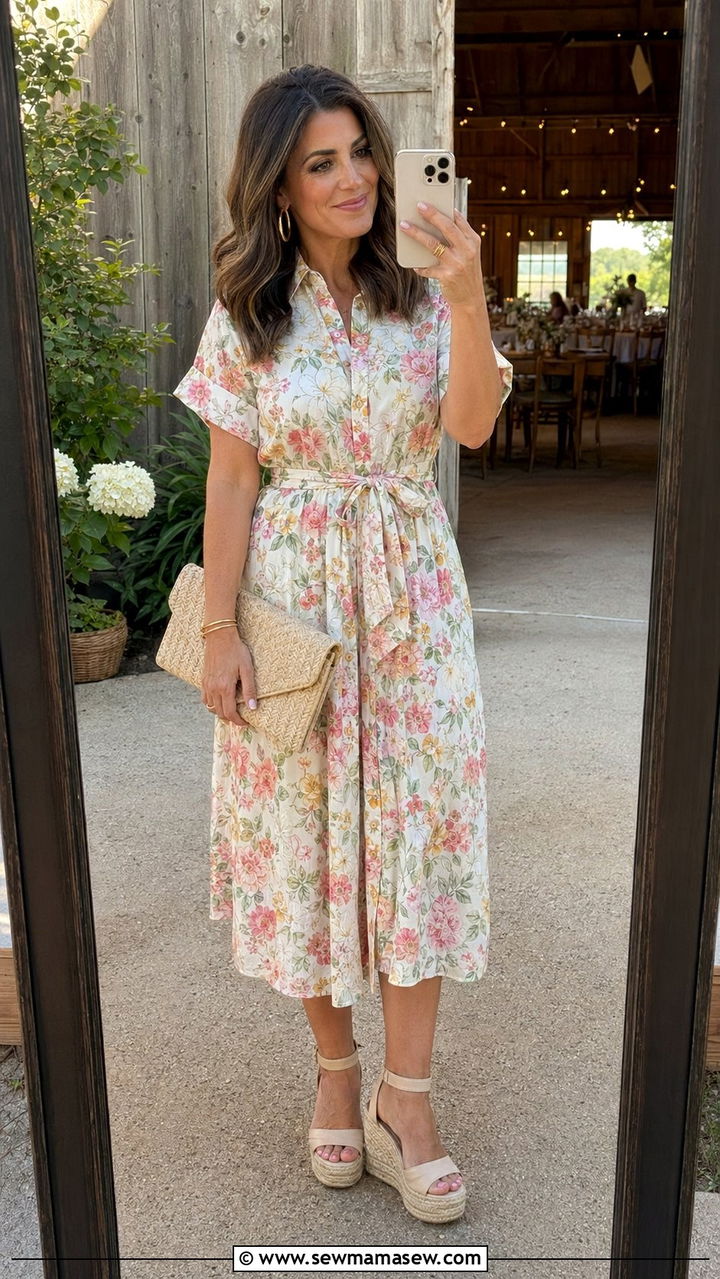 Floral Shirtdress With Wedges Wedding Guest Look - 30 What to wear to a wedding over 40