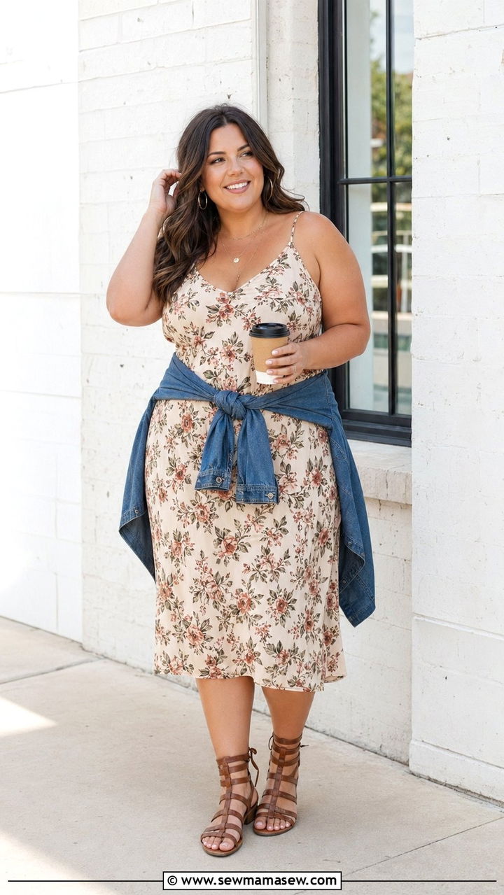 Floral Slip Dress With Gladiator Sandals - 35 Plus size summer outfits