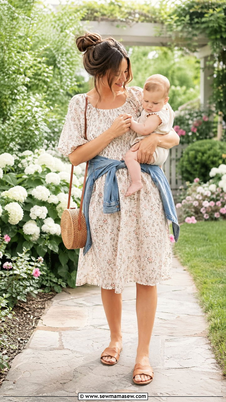 Floral Smock Dress with Flat Sandals Outfit - 35 casual outfits for new moms