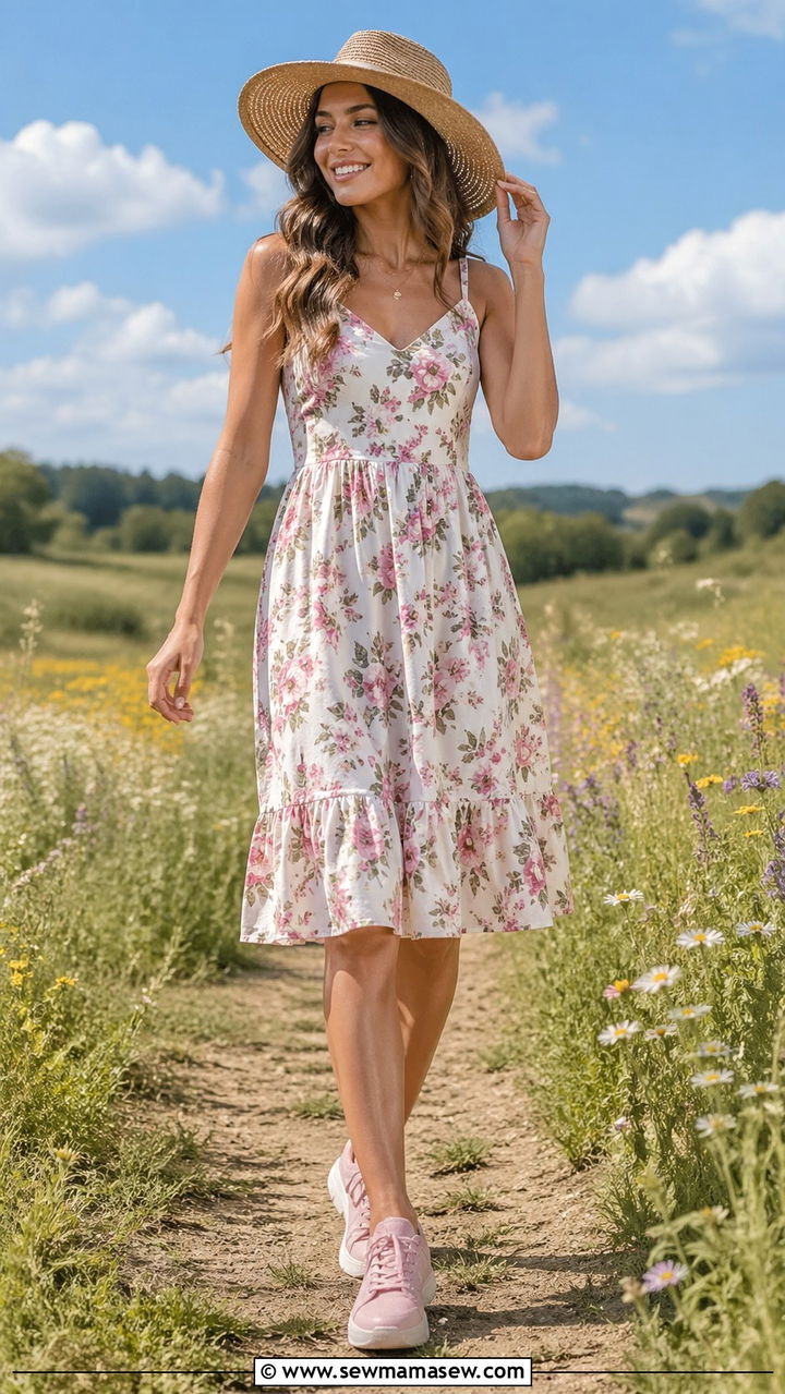 Floral Sundress With Straw Hat and Pastel Sneakers - 30 sneaker outfits for women