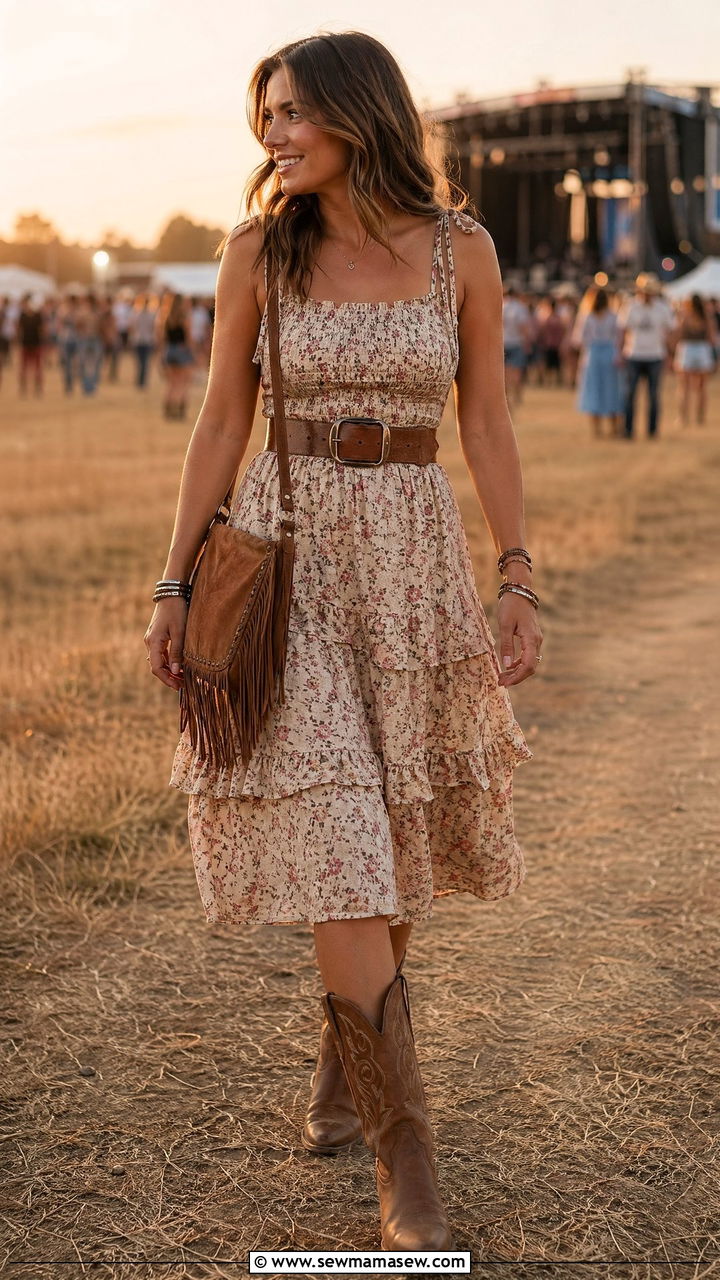 Floral Sundress and Cowboy Boots Outfit - 35 Country music concert outfit ideas