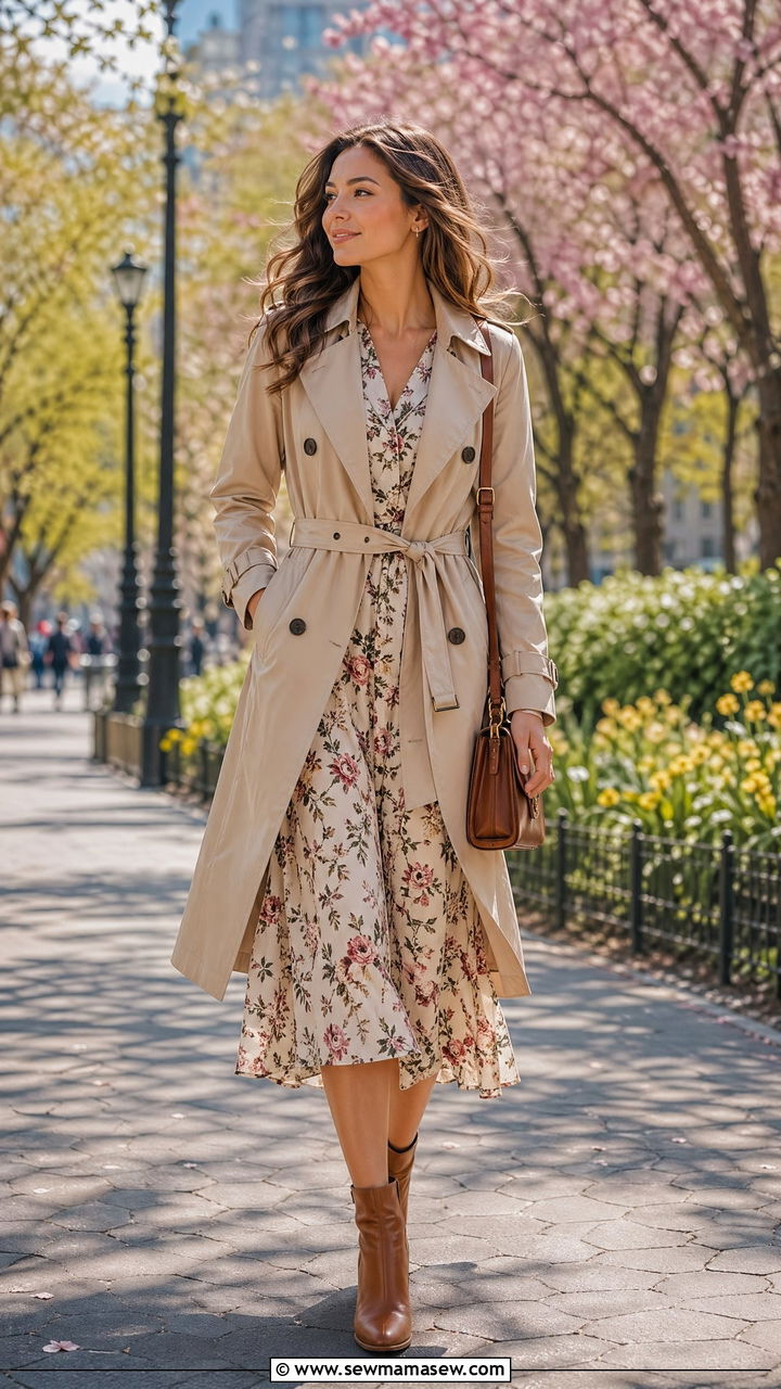 Floral Tea Dress With Trench Coat - 35 spring floral outfit ideas