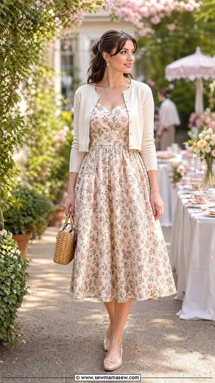 Floral Tea Dress with Ballet Flats - 35 spring old money outfit ideas