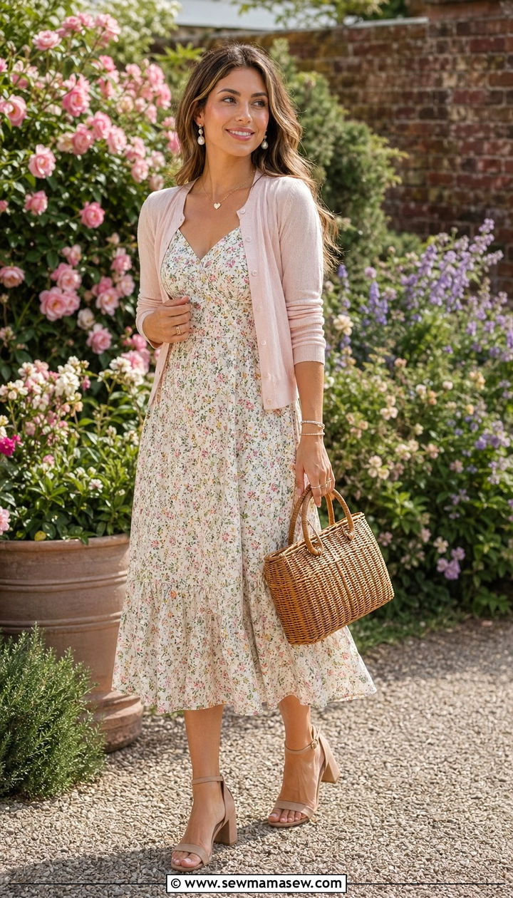 Floral Tea Dress with Lightweight Cardigan - 35 Old money spring outfits
