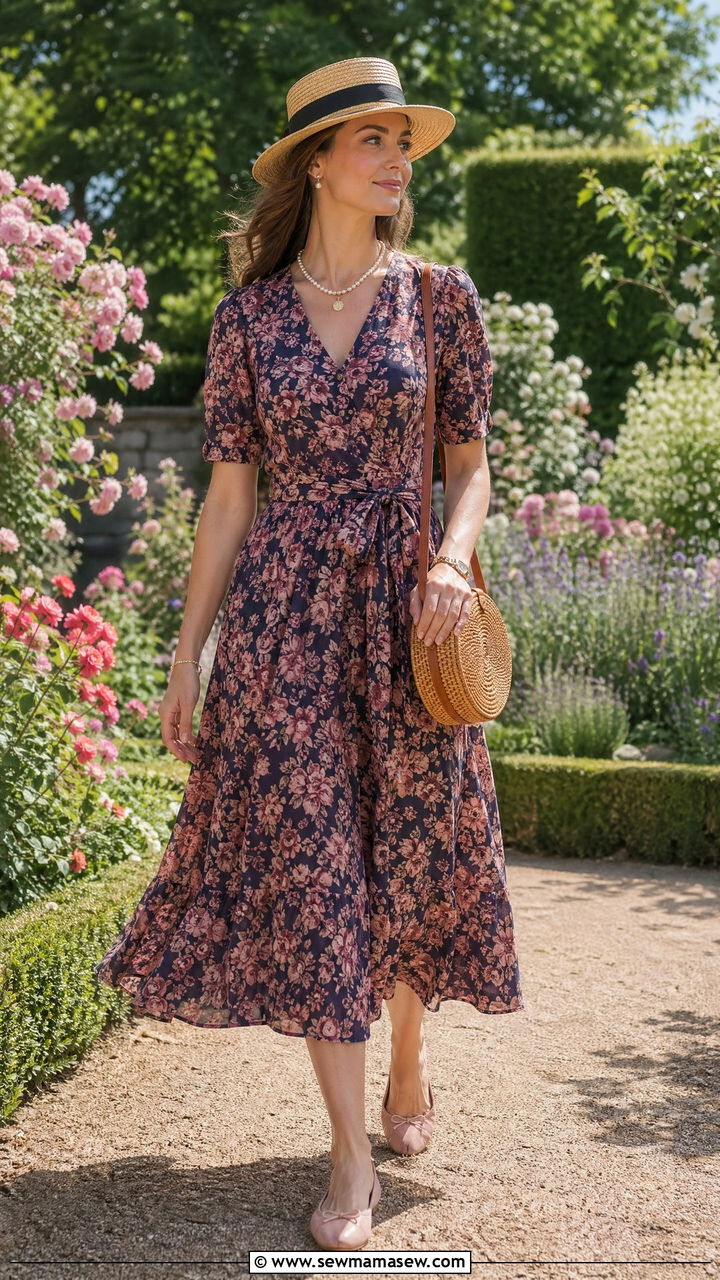 Floral Tea Dress with a Straw Boater Hat - 35 classy old money outfit ideas