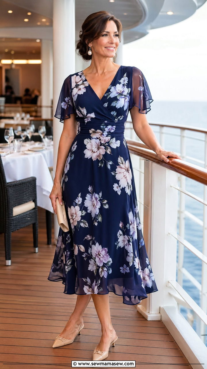 Floral Tea Length Dress With Low Heels Cruise Outfit - 35 cruise outfits for women over 40